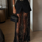 Black Short Sleeve Blazer & Sheer Floral Lace Slip Maxi Dress Two-piece Set(with belt)