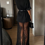 Black Short Sleeve Blazer & Sheer Floral Lace Slip Maxi Dress Two-piece Set(with belt)