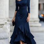Black Off Shoulder Asymmetrical Draped Midi Dress