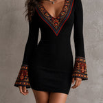 Black Ribbed Retro Ethnic Print Trim Flared Sleeve Mini Dress
