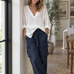 White V-neck Linen Blouse & Navy Wide Leg Pants Two Piece Set