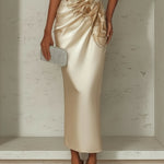 Champagne Floral Satin One Shoulder Sleeveless Sheath Maxi Dress