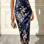 Navy Blue Floral Satin Asymmetrical Collar Sleeveless Midi Dress