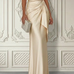 Champagne 3D Floral Ruched Satin One Shoulder Sleeveless Floor-length Gown Maxi Dress