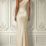 Champagne 3D Floral Ruched Satin One Shoulder Sleeveless Floor-length Gown Maxi Dress