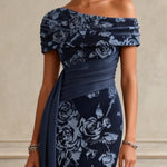 Blue Floral Split Joint Ruched Velvet One Shoulder Short Sleeve Bodycon Maxi Dress