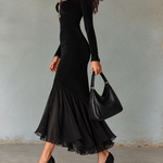 Black Square-neck Long-sleeve Chiffon Mermaid Maxi Dress