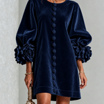Navy Velvet Floral Button-down Mini Dress With Striking Floral Cuffs