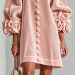 Pink Velvet Floral Button-down Mini Dress With Striking Floral Cuffs