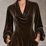 Brown Velvet Cowl Neck Asymmetrical Lace Hem Midi Dress