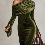 Olive Green Velvet Asymmetrical Off-Shoulder Turtleneck Ruched Maxi Dress