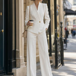 White Pleated Lapel Single-Button Peplum Blazer & Wide-Leg Pants Set