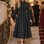 Green Tartan Plaid Stand Collar Double Breasted Midi Coat Dress