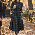 Green Tartan Plaid Stand Collar Double Breasted Midi Coat Dress