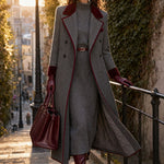 Grey Herringbone Wool Long Coat With Velvet Trim