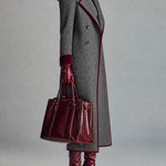Grey Herringbone Wool Long Coat With Velvet Trim