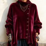 Velvet Asymmetric Button Turtleneck Top