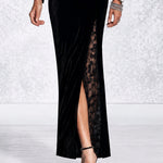 Black Velvet V-neck Maxi Dress With Sheer Floral Lace Panels