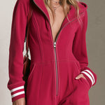 Burgundy Hooded Zip-up Jumpsuit With Striped Cuffs