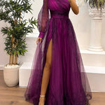 One Shoulder Mesh Abstract Gradient Print Maxi Dress