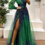 One Shoulder Mesh Abstract Gradient Print Maxi Dress