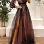 One Shoulder Mesh Abstract Gradient Print Maxi Dress