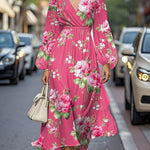 Elegant Floral V-neck Chiffon Pleated Midi Dress