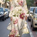 Elegant Floral V-neck Chiffon Pleated Midi Dress
