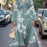 Elegant Floral V-neck Chiffon Pleated Midi Dress