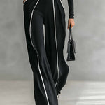 White Trim High-neck Long-sleeved Top With Wide-leg Pants and Belt Set