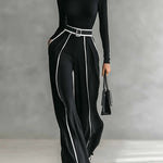 White Trim High-neck Long-sleeved Top With Wide-leg Pants and Belt Set