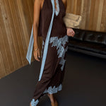 Elegant Brown and Blue Lace Panel Top + Skirt Suit Set