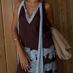 Elegant Brown and Blue Lace Panel Top + Skirt Suit Set