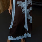 Elegant Brown and Blue Lace Panel Skirt