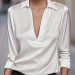 Solid Color Satin V-neck Long-sleeved Casual Shirt