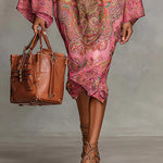 Pink Paisley Print Flared Long Sleeve Loose Midi Dress