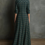 Green Plaid Lapel Single-Breasted Shirt Long Dress