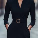 Black Stand Collar Drawstring Shift Midi Dress