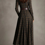 Brown and Black Plaid Lapel Single-Breasted Shirt Long Dress