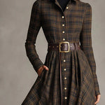 Brown and Black Plaid Lapel Single-Breasted Shirt Long Dress