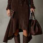 Elegant Dark Brown Suede Drawstring Irregular Midi Dress