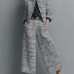 Tweed Print Blend Single-Breasted Cropped Jacket And Wide-Leg Pants Set