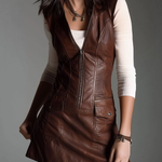 Chocolate Brown Eco-Leather Zip-Up Mini Dress