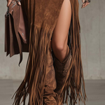 Fringe-trimmed Faux Denim Irregular Suede Midi Skirt