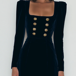 Elegant Navy Velvet Gold Buttons Mini Dress