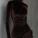 Chocolate Velvet Turtleneck Lace Hem Fitted Mini Dress
