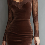 Brown Vintage Keyhole Neckline Lace Sleeve Velvet Mini Dress