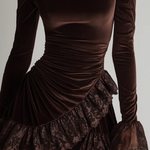 Brown Velvet Turtleneck Ruffled Lace Hem Mini Dress