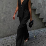 Cotton and linen V-neck ruffled two-piece suit