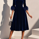 Dark Blue Feather-trimmed Velvet Round Neck Short-sleeved A-line Midi Dress